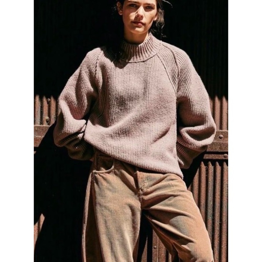Free People Sunbeam Oversized Mock Neck Ribbed Sweater Pinkish Brown M